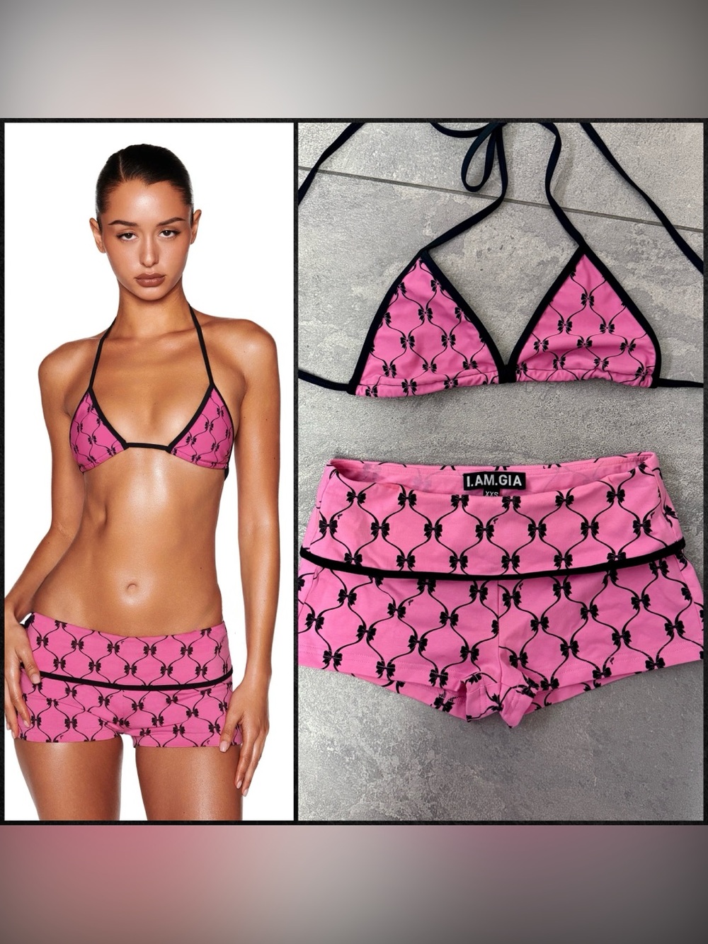 I.AM.GIA Monroe Digital Girly Pop Pink Black Bows Bikini Top Shorts Set M/XXS